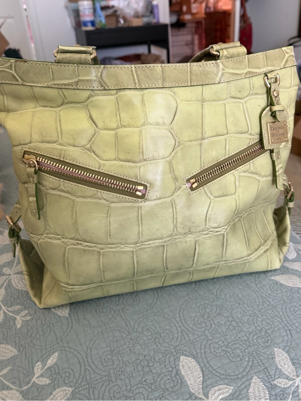 Vintage Dooney & Bourke Croc Embossed Leather Tote Lime Green Y2K Large Bag